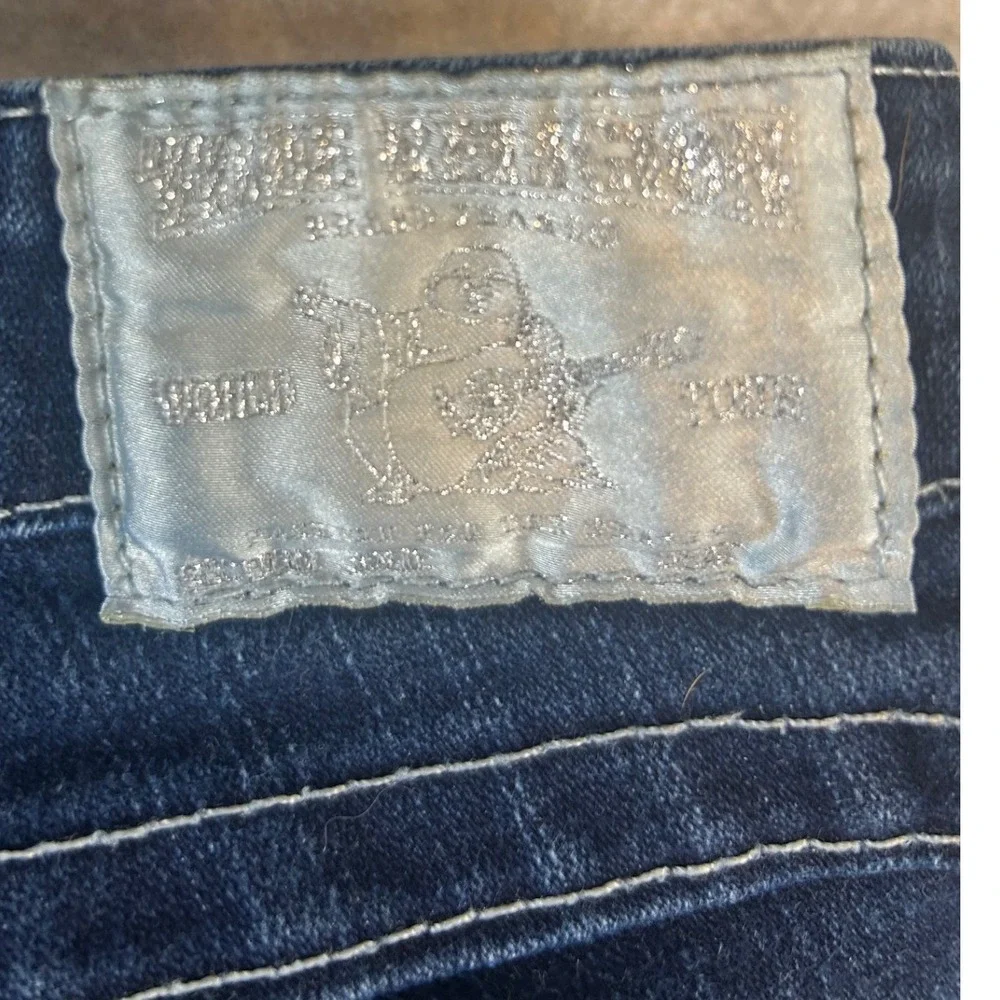 True Religion Mens Slim Straight Indigo Jeans Pearl Buttons White Stitch Size 28
